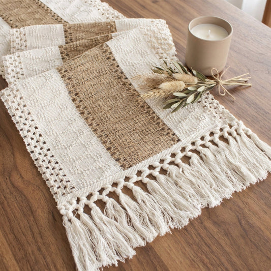 Chemin de Table en Coton-Lin Tissé à la Main avec Franges en Macramé Style Bohème Nature