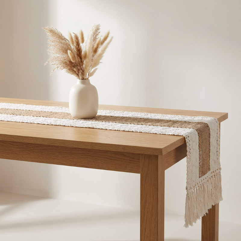 Chemin de Table en Coton-Lin Tissé à la Main avec Franges en Macramé Style Bohème Nature