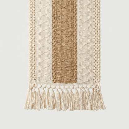Chemin de Table en Coton-Lin Tissé à la Main avec Franges en Macramé Style Bohème Nature
