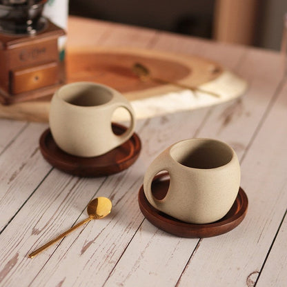 Ceramic Coffee Cup with Wooden Saucer and Stainless Steel Spoon