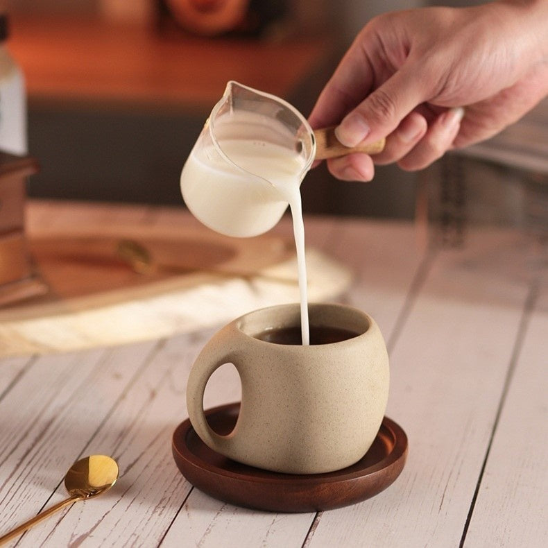Ceramic Coffee Cup with Wooden Saucer and Stainless Steel Spoon