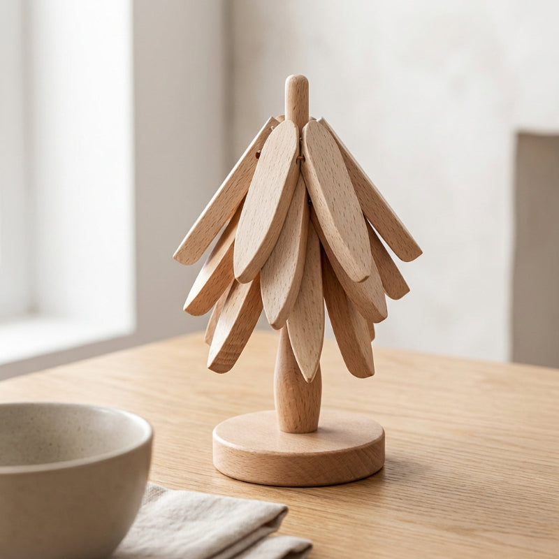 Set de Dessous de Verre en Bois Forme Feuilles Empilables sur Support Sculpté en Forme d'Arbre pour Décoration de Table