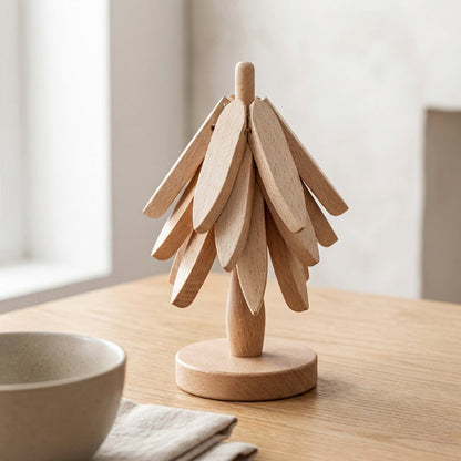 Set de Dessous de Verre en Bois Forme Feuilles Empilables sur Support Sculpté en Forme d'Arbre pour Décoration de Table