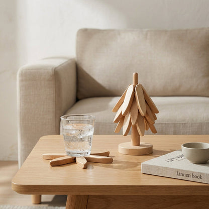 Set de Dessous de Verre en Bois Forme Feuilles Empilables sur Support Sculpté en Forme d'Arbre pour Décoration de Table
