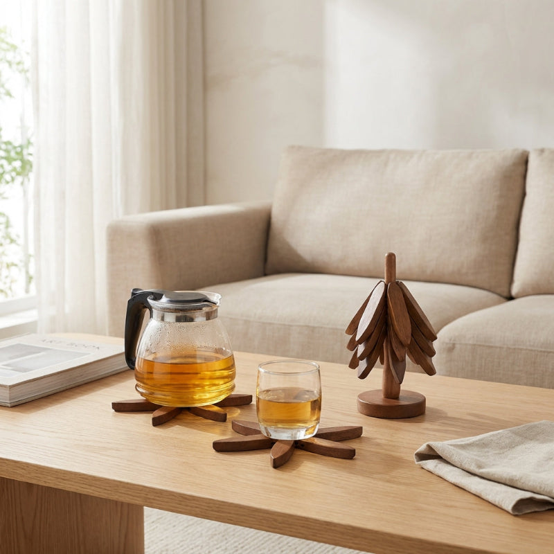 Set de Dessous de Verre en Bois Forme Feuilles Empilables sur Support Sculpté en Forme d'Arbre pour Décoration de Table
