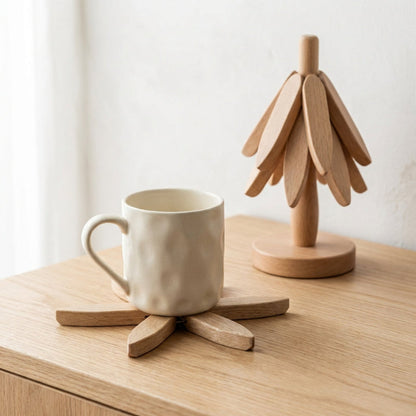 Set de Dessous de Verre en Bois Forme Feuilles Empilables sur Support Sculpté en Forme d'Arbre pour Décoration de Table