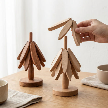 Set de Dessous de Verre en Bois Forme Feuilles Empilables sur Support Sculpté en Forme d'Arbre pour Décoration de Table