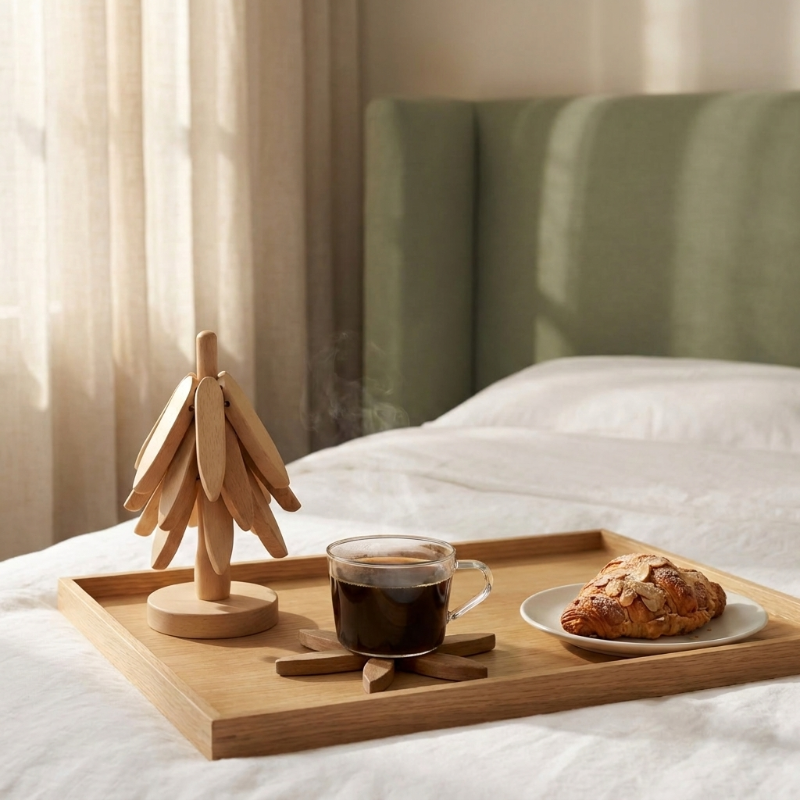 Set de Dessous de Verre en Bois Forme Feuilles Empilables sur Support Sculpté en Forme d'Arbre pour Décoration de Table