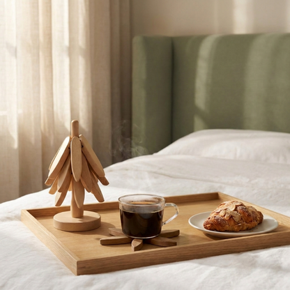 Set de Dessous de Verre en Bois Forme Feuilles Empilables sur Support Sculpté en Forme d'Arbre pour Décoration de Table