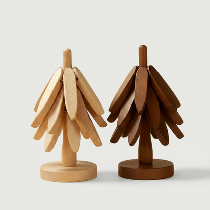 Set de Dessous de Verre en Bois Forme Feuilles Empilables sur Support Sculpté en Forme d'Arbre pour Décoration de Table