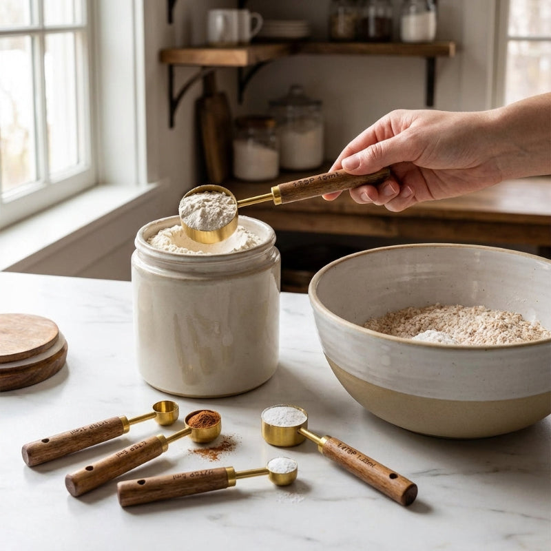 Set de 4 Cuillères Doseuses en Acier Inoxydable avec Manches en Bois Naturel pour Pâtisserie et Cuisine