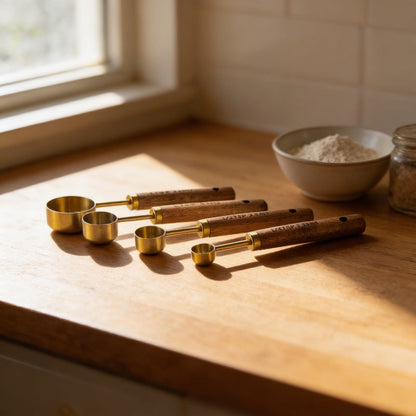 Set de 4 Cuillères Doseuses en Acier Inoxydable avec Manches en Bois Naturel pour Pâtisserie et Cuisine