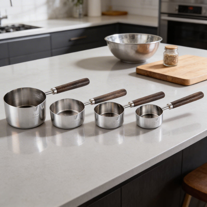 Set de 4 Cuillères Doseuses en Acier Inoxydable avec Manches en Bois Naturel pour Pâtisserie et Cuisine