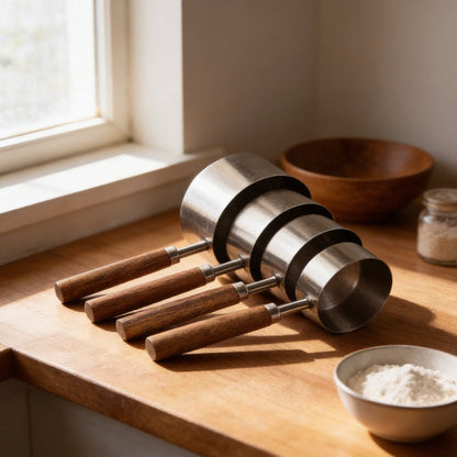 Set de 4 Cuillères Doseuses en Acier Inoxydable avec Manches en Bois Naturel pour Pâtisserie et Cuisine