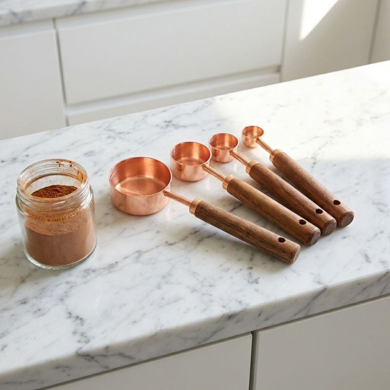 Set de 4 Cuillères Doseuses en Acier Inoxydable avec Manches en Bois Naturel pour Pâtisserie et Cuisine