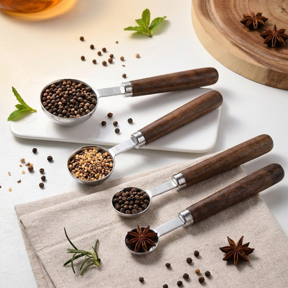 Set de 4 Cuillères Doseuses en Acier Inoxydable avec Manches en Bois Naturel pour Pâtisserie et Cuisine
