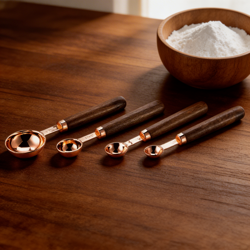 Set de 4 Cuillères Doseuses en Acier Inoxydable avec Manches en Bois Naturel pour Pâtisserie et Cuisine