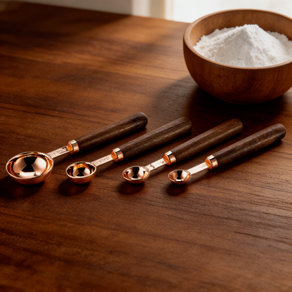 Set de 4 Cuillères Doseuses en Acier Inoxydable avec Manches en Bois Naturel pour Pâtisserie et Cuisine