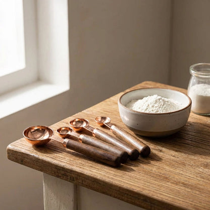 Set de 4 Cuillères Doseuses en Acier Inoxydable avec Manches en Bois Naturel pour Pâtisserie et Cuisine