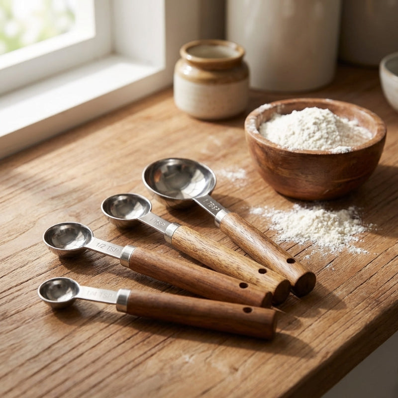 Set de 4 Cuillères Doseuses en Acier Inoxydable avec Manches en Bois Naturel pour Pâtisserie et Cuisine