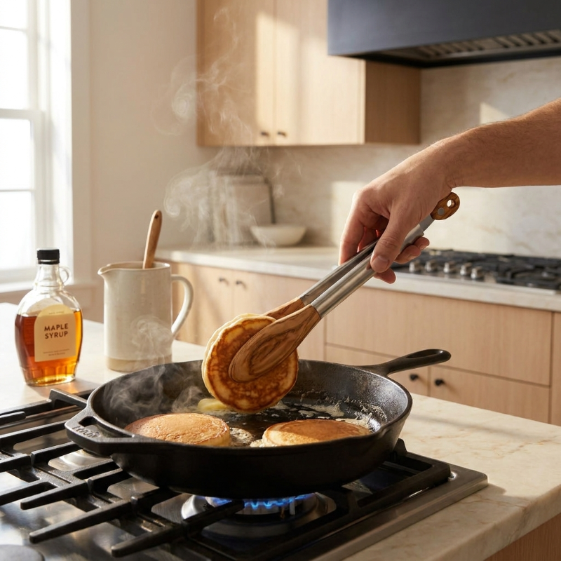 Pince de Cuisine en Acier Inoxydable avec Embouts en Bois Massif pour Cuisson Service et Manipulation Délicate