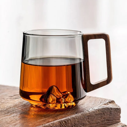 Velora – Tasses à Café en Verre Fumé et Poignée en Noyer (450 ml)