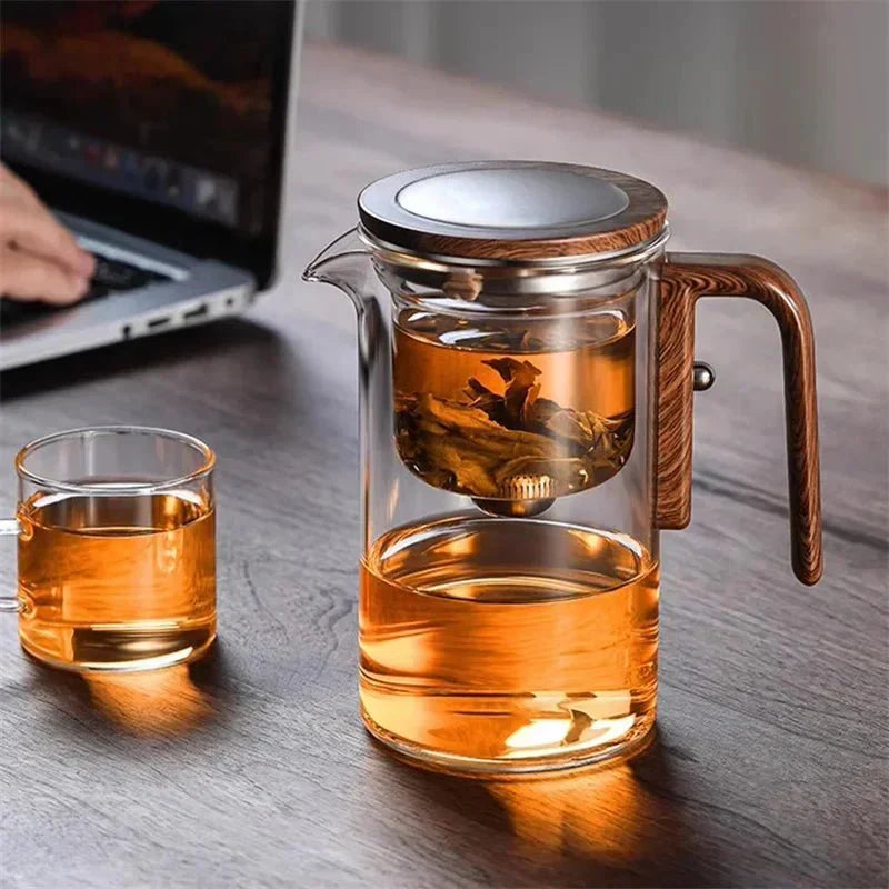 Terra – Théière en Verre Borosilicaté avec Infuseur Acier et Poignée Bois
