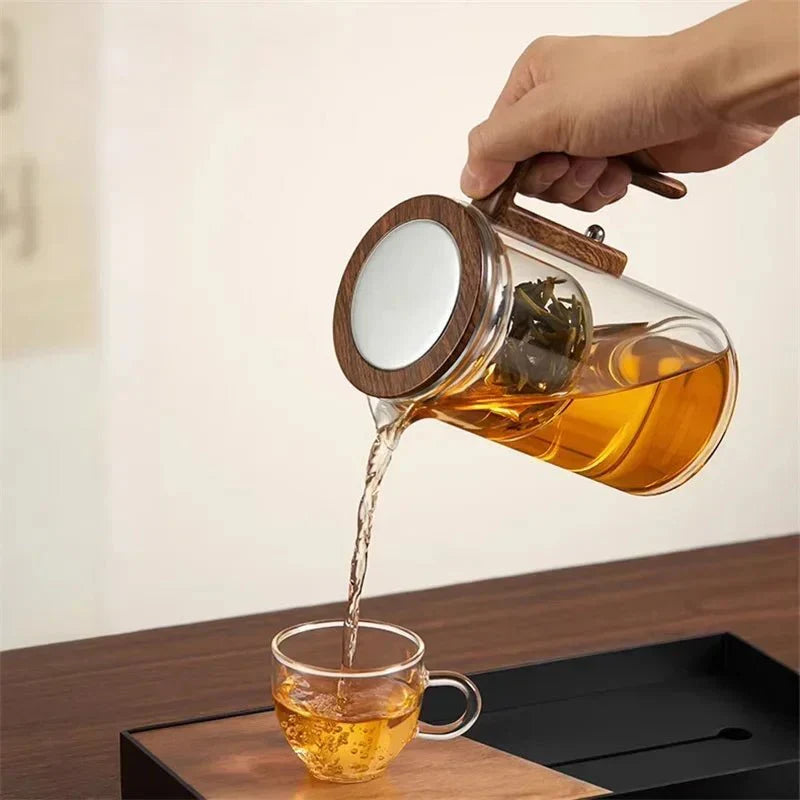 Terra – Théière en Verre Borosilicaté avec Infuseur Acier et Poignée Bois