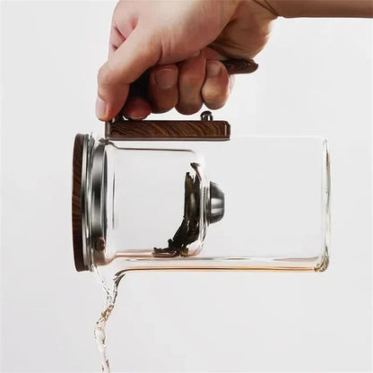 Terra – Théière en Verre Borosilicaté avec Infuseur Acier et Poignée Bois