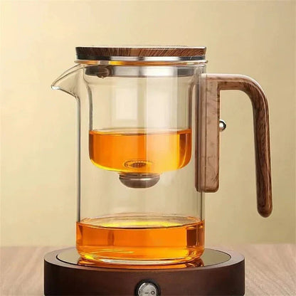 Terra – Théière en Verre Borosilicaté avec Infuseur Acier et Poignée Bois