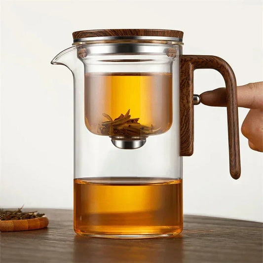 Terra – Théière en Verre Borosilicaté avec Infuseur Acier et Poignée Bois