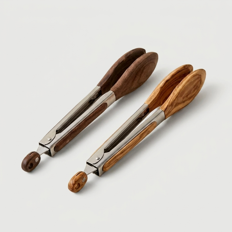 Pince de Cuisine en Acier Inoxydable avec Embouts en Bois Massif pour Cuisson Service et Manipulation Délicate