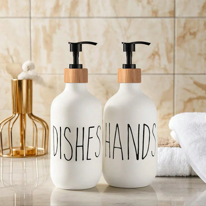 Duo de Distributeurs à Savon en Verre Mat avec Pompe Bambou Plateau Assorti pour Cuisine et Salle de Bain