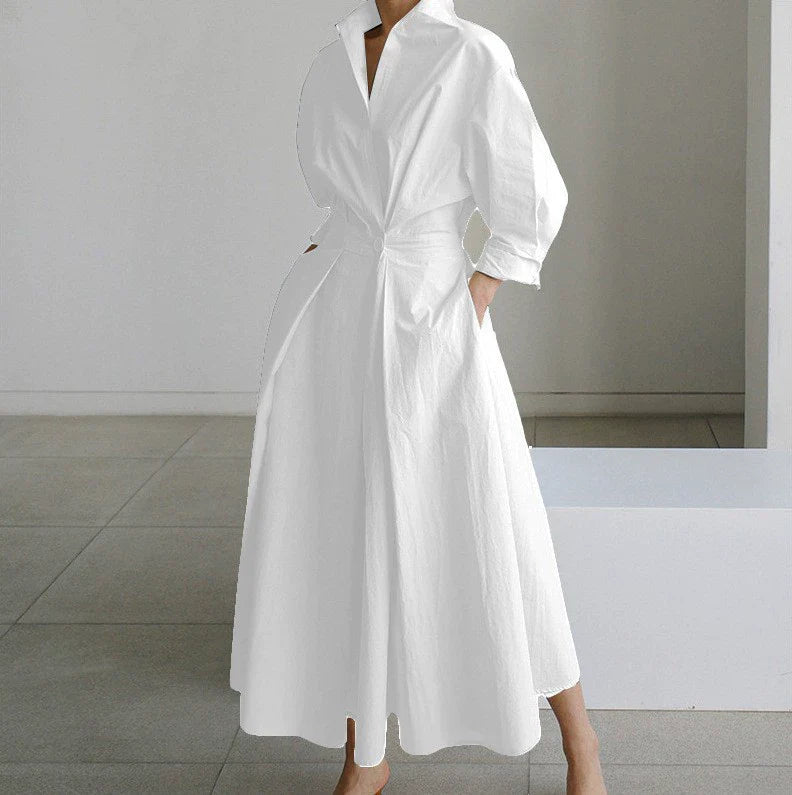 Robe Chemise Femme – Boutonnée – Taille Cintrée – Coupe Évasée – Manches Longues – Poches
