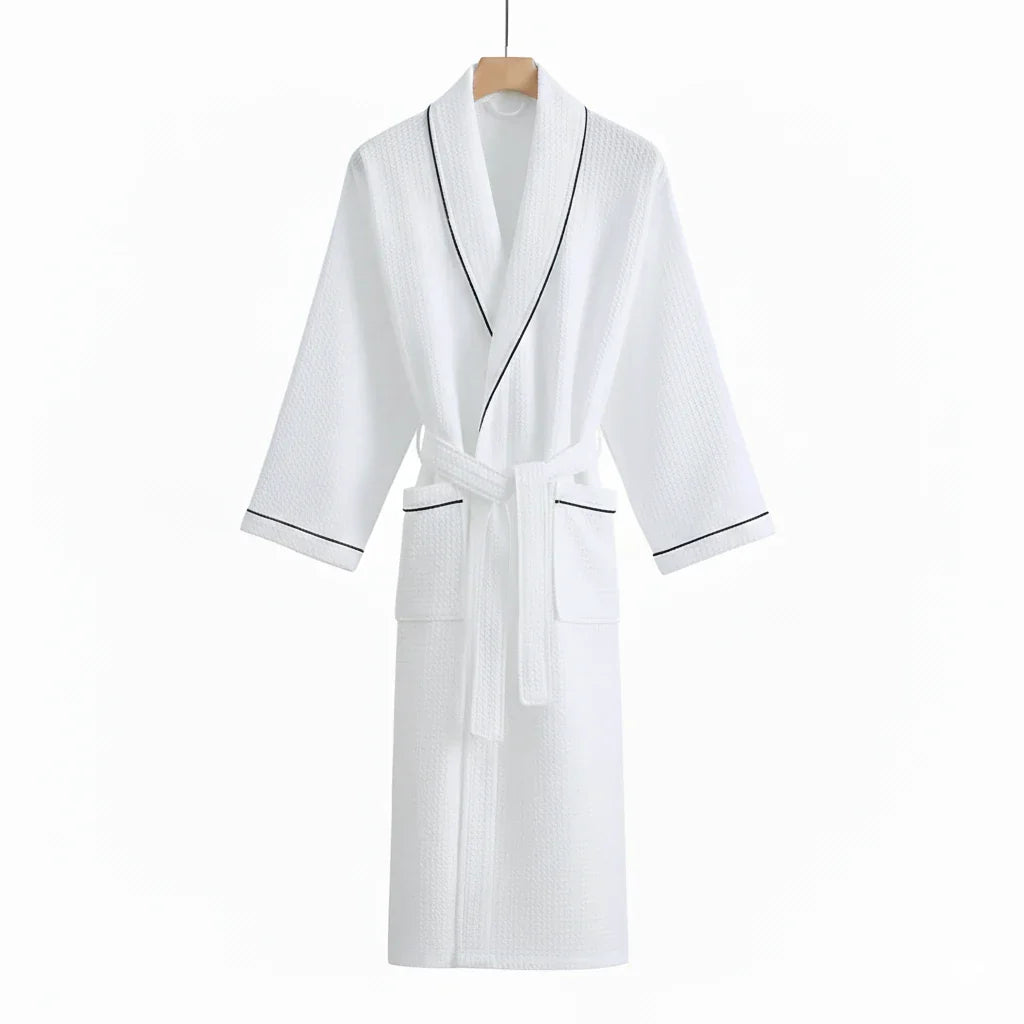 Peignoir de Bain en Coton Gaufré à Manches Longues avec Col Châle et Ceinture à Nouer