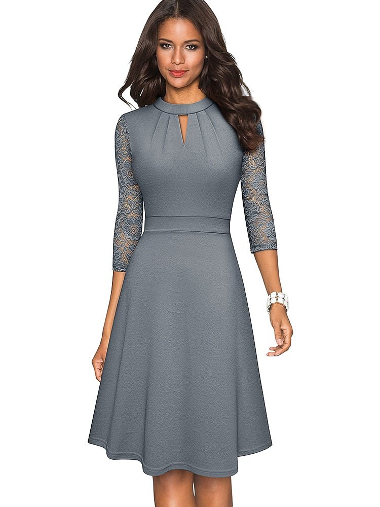 Robe A-Line Femme - Col Haut - Manches 3/4 en Dentelle - Tenue Semi-Formelle Élégante - Aurelles