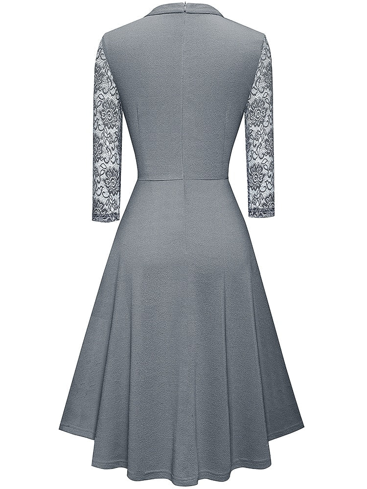 Robe A-Line Femme - Col Haut - Manches 3/4 en Dentelle - Tenue Semi-Formelle Élégante - Aurelles