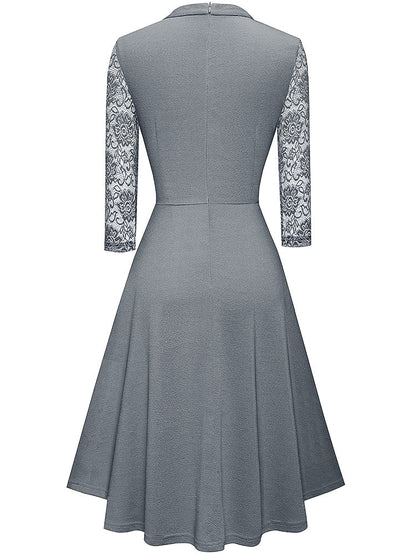 Robe A-Line Femme - Col Haut - Manches 3/4 en Dentelle - Tenue Semi-Formelle Élégante - Aurelles