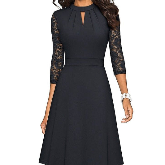 Robe A-Line Femme - Col Haut - Manches 3/4 en Dentelle - Tenue Semi-Formelle Élégante - Aurelles