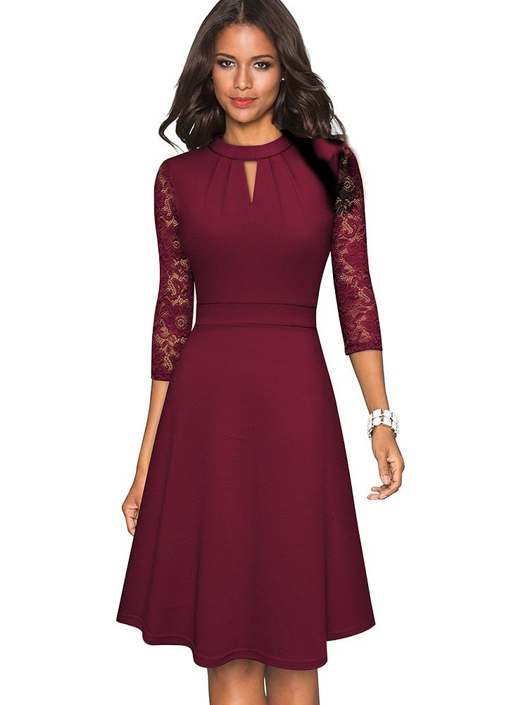 Robe A-Line Femme - Col Haut - Manches 3/4 en Dentelle - Tenue Semi-Formelle Élégante - Aurelles