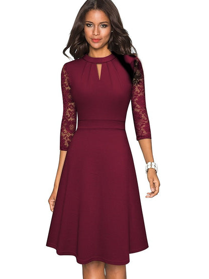 Robe A-Line Femme - Col Haut - Manches 3/4 en Dentelle - Tenue Semi-Formelle Élégante - Aurelles