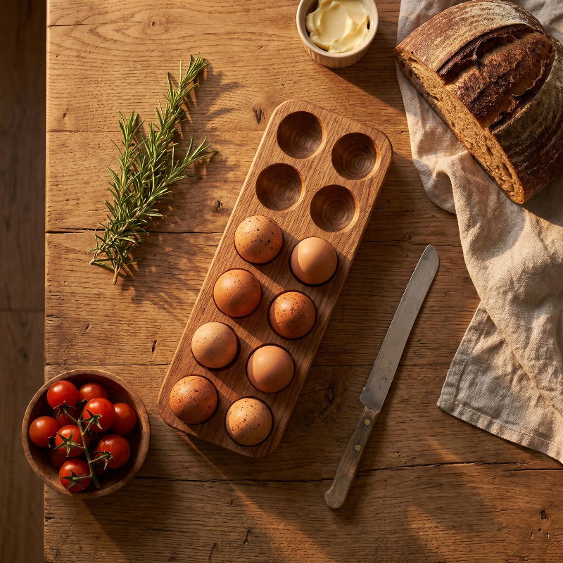 Plateau Range-Œufs en Bois d'Acacia Artisanal avec Alvéoles Creusées pour Cuisine Réfrigérateur et Garde-Manger
