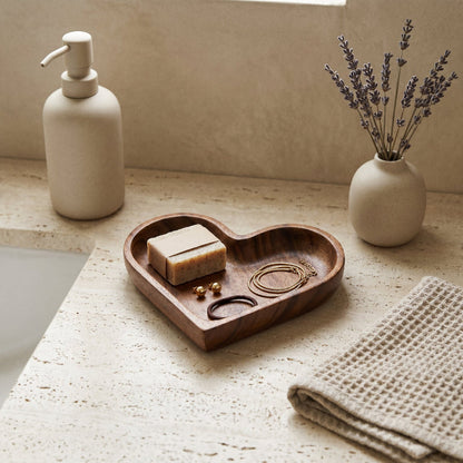Coupelle Décorative en Bois Massif en Forme de Cœur Sculpté pour Bijoux et Petits Objets Vide-Poche