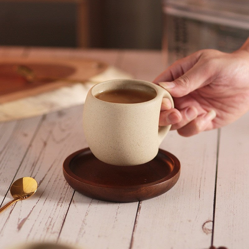 Ceramic Coffee Cup with Wooden Saucer and Stainless Steel Spoon