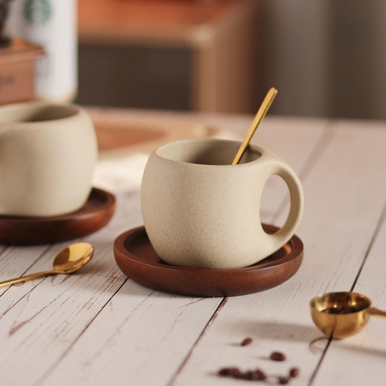 Ceramic Coffee Cup with Wooden Saucer and Stainless Steel Spoon