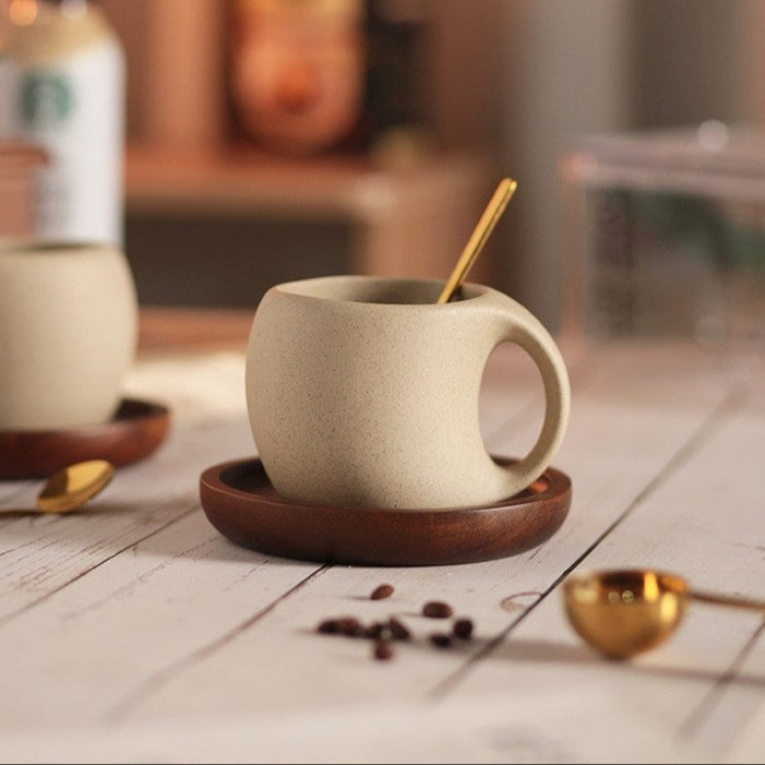Ceramic Coffee Cup with Wooden Saucer and Stainless Steel Spoon